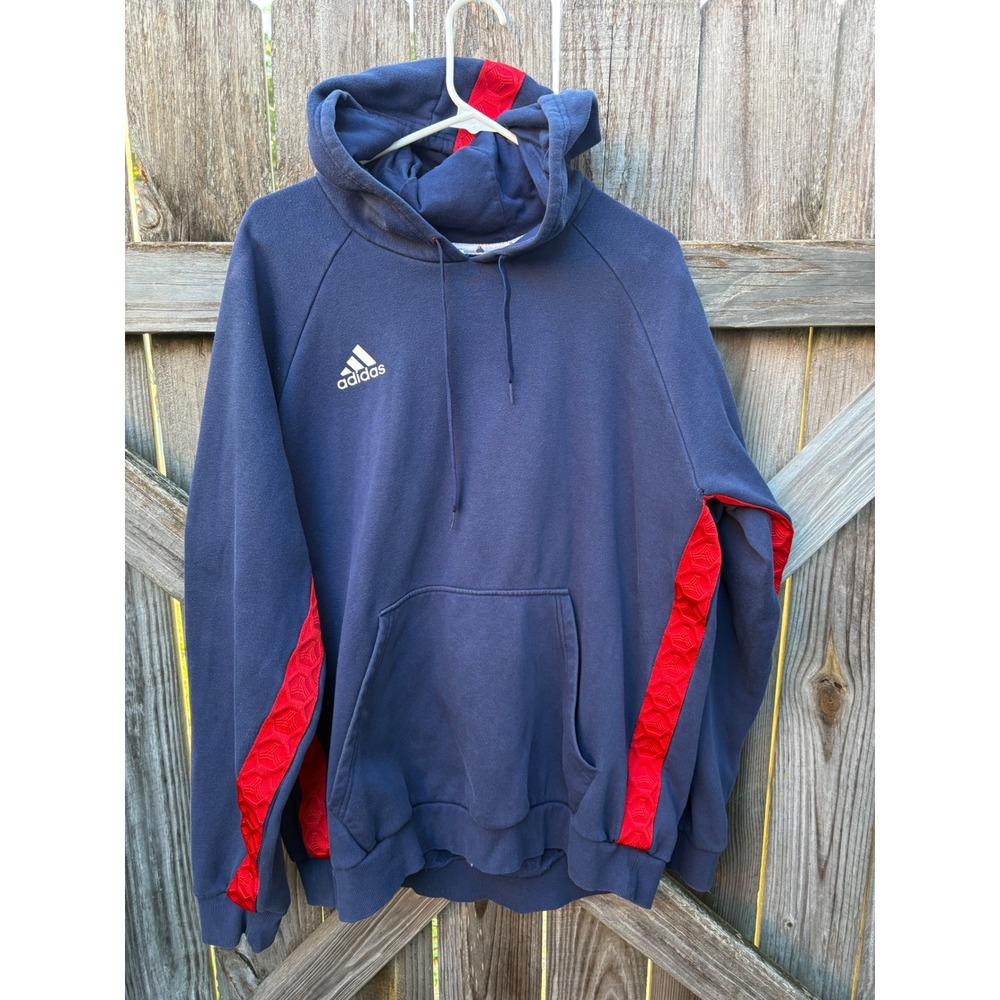Adidas Mens XL Navy Blue Red Stripe Pullover Hoodie Sweatshirt FM0862